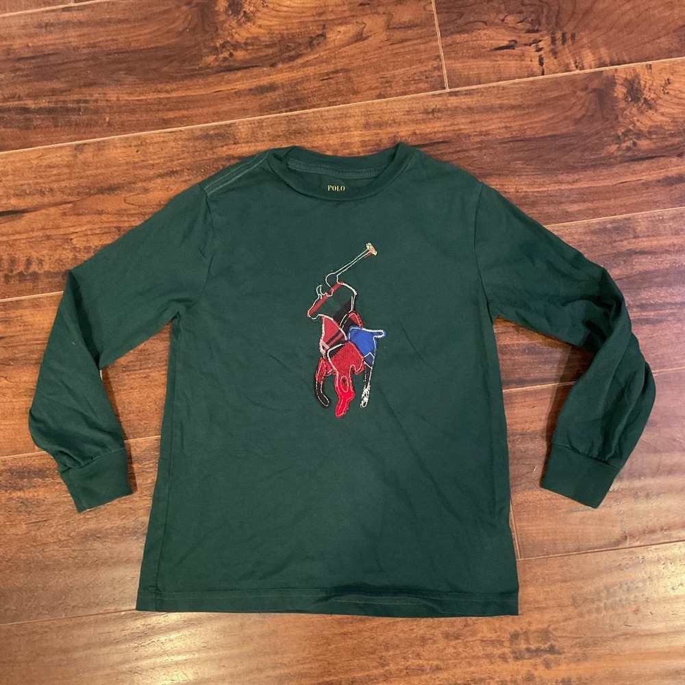 Polo Ralph Lauren Boys Big Pony Plaid Logo Green Long Sleeve T-Shirt Size 6